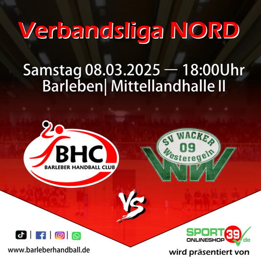 Interner Link: Zur Veranstaltung VERBANDSLIGA NORD - Barleber HC vs. SV Wacker 09 Westeregeln